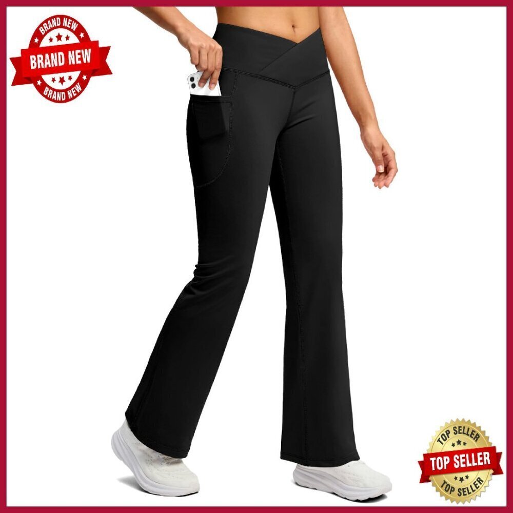 Fleece Lined Flare Yoga Pants with Pockets, Thermal Warm Leggings